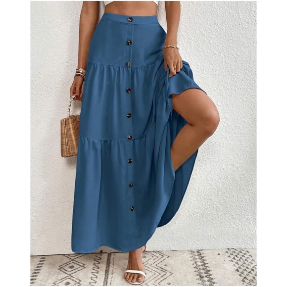 Solid High Waist Button Detail Ruffle Hem Maxi Skirt - Picture 9 of 15
